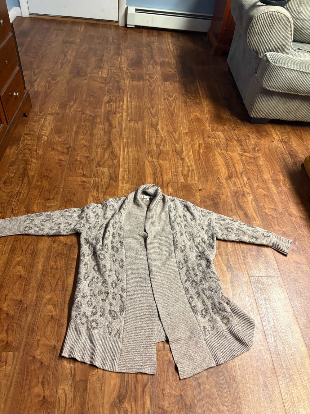 cupcakes & cashmere Taupe Leopard Open-Front Shawl Collar Cardigan